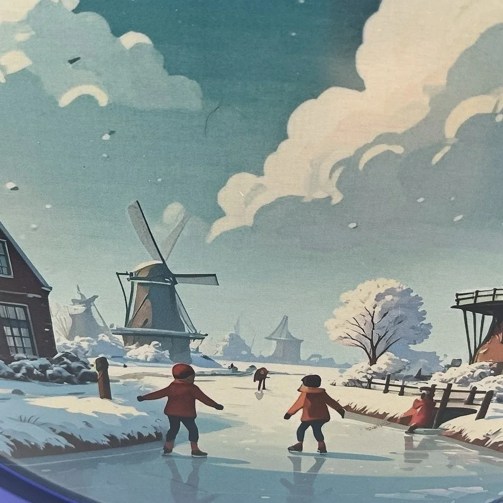 Kelsen Danish Butter Cookies Blue Holiday Tin, Windmills &Children Skating-Empty